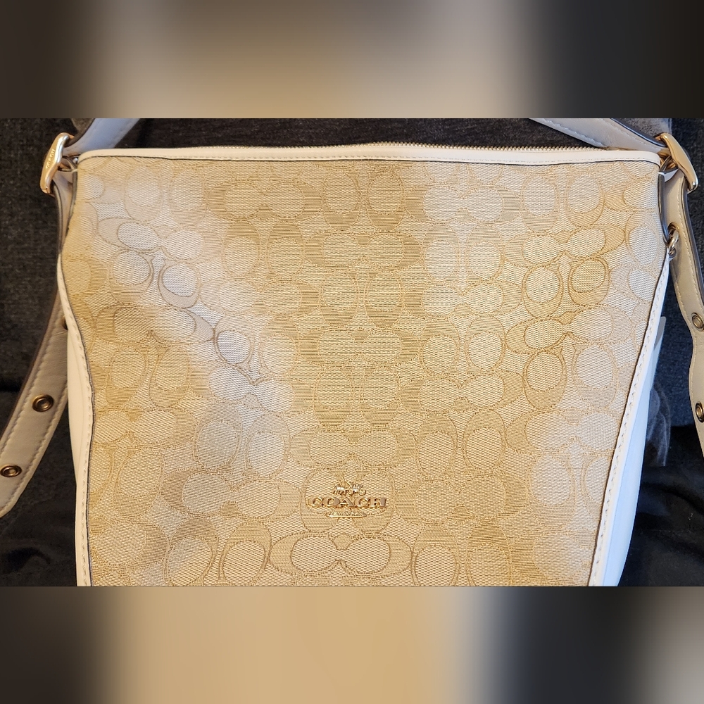 Authentic Coach Cream Signature Textured Fabric Bag W/leather Trim, 13"x8.5"